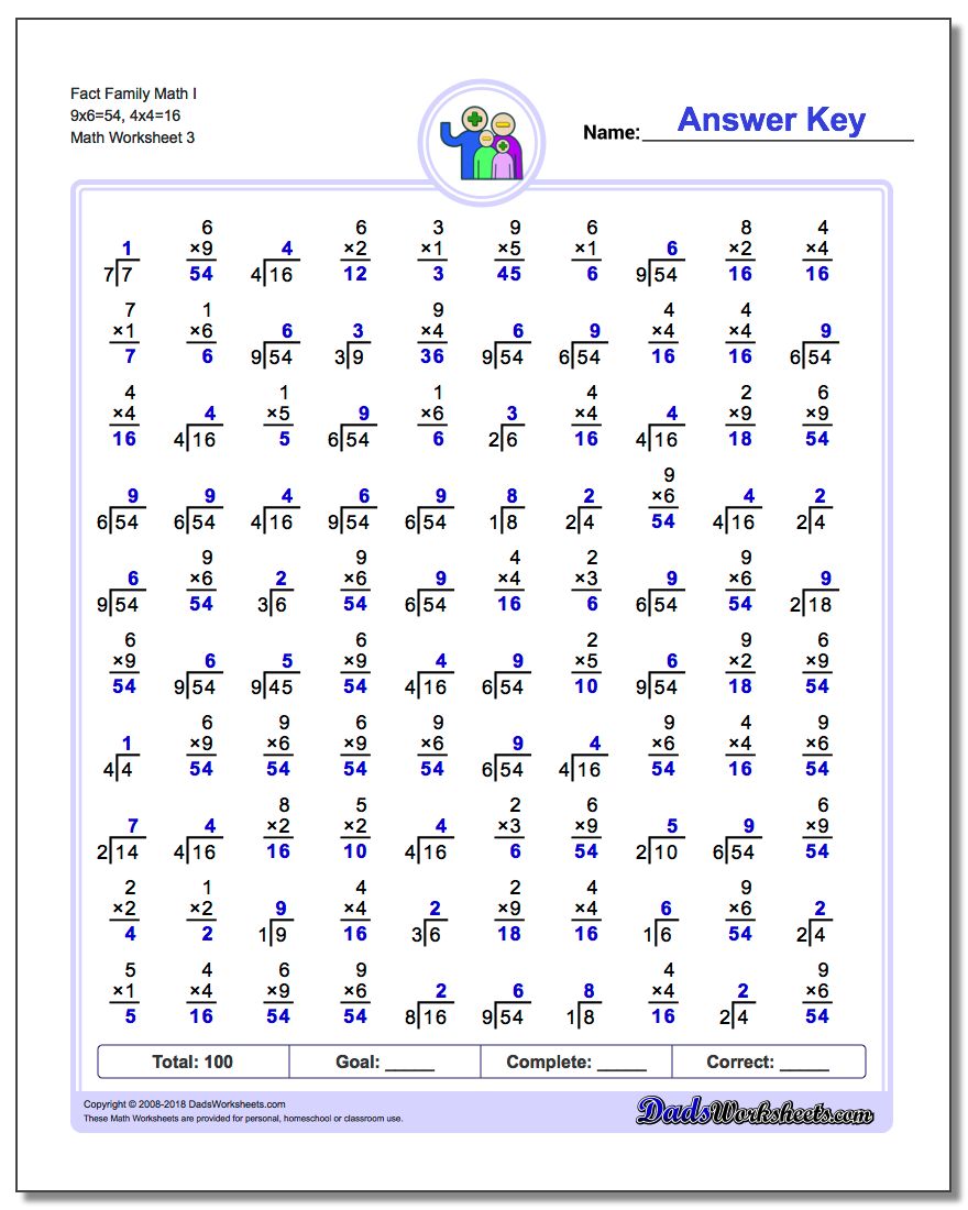 Fact Family Math I 9x6=54, 4x4=16 Worksheet