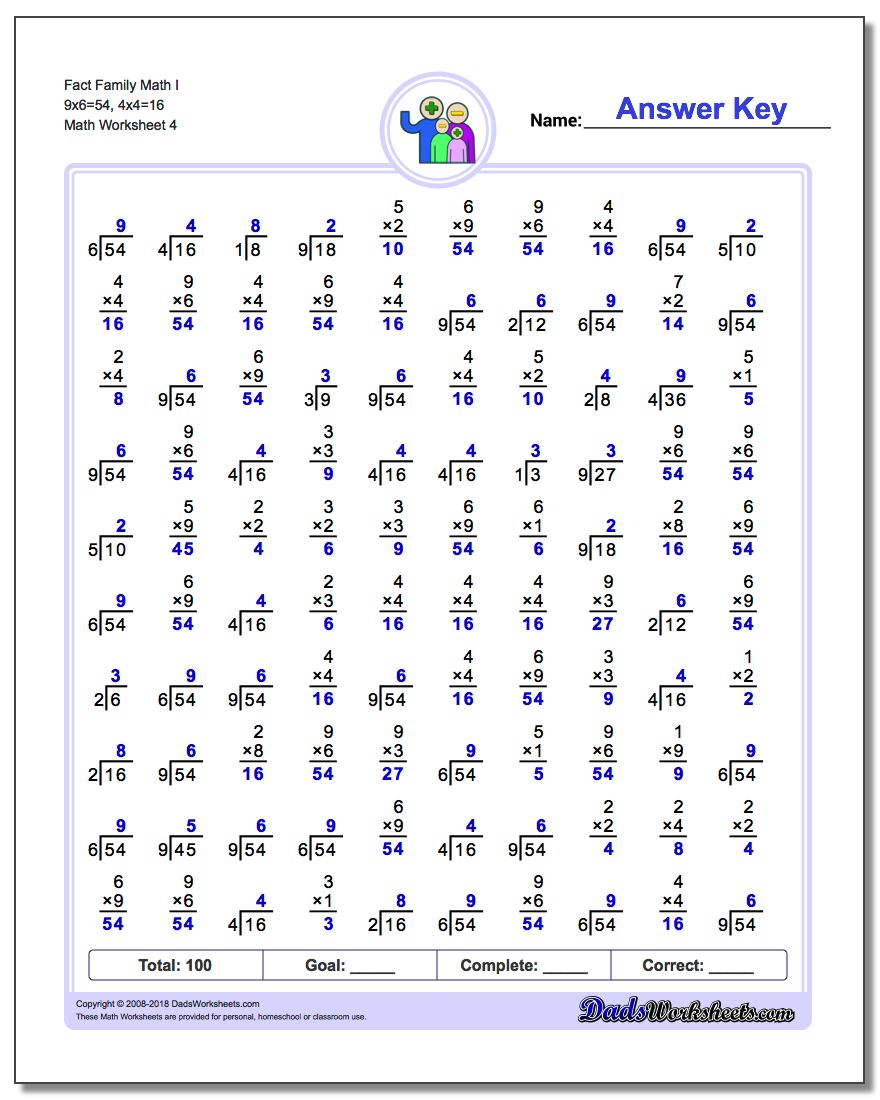 Fact Family Math I 9x6=54, 4x4=16 Worksheet
