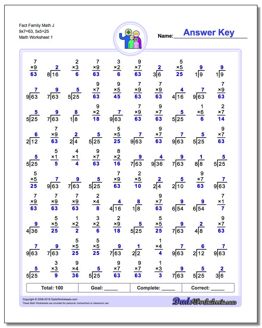Fact Family Worksheet Math J 9x7=63, 5x5=25