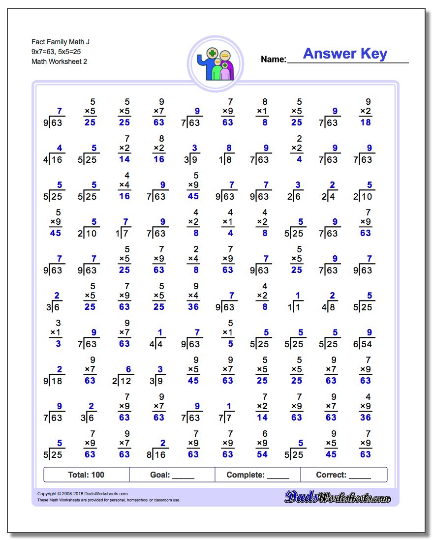 Fact Family Math J 9x7=63, 5x5=25 www.dadsworksheets.com/worksheets/fact-family-math.html Worksheet