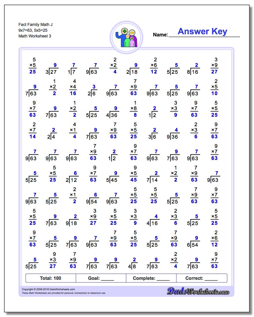 Fact Family Math J 9x7=63, 5x5=25 Worksheet