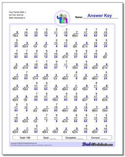 Fact Family Math J 9x7=63, 5x5=25 Worksheet