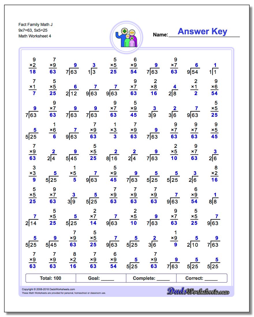 Fact Family Math J 9x7=63, 5x5=25 Worksheet