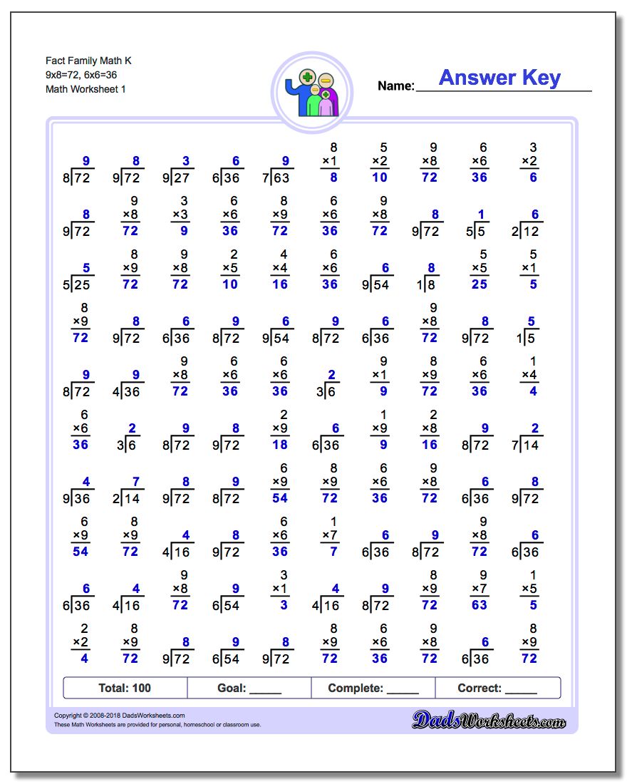 Fact Family Worksheet Math K 9x8=72, 6x6=36