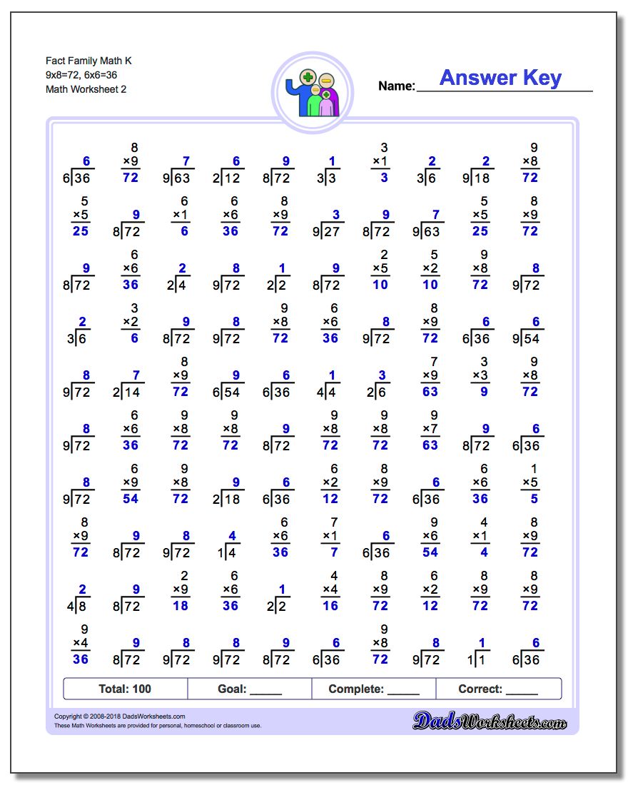 Fact Family Math K 9x8=72, 6x6=36 www.dadsworksheets.com/worksheets/fact-family-math.html Worksheet