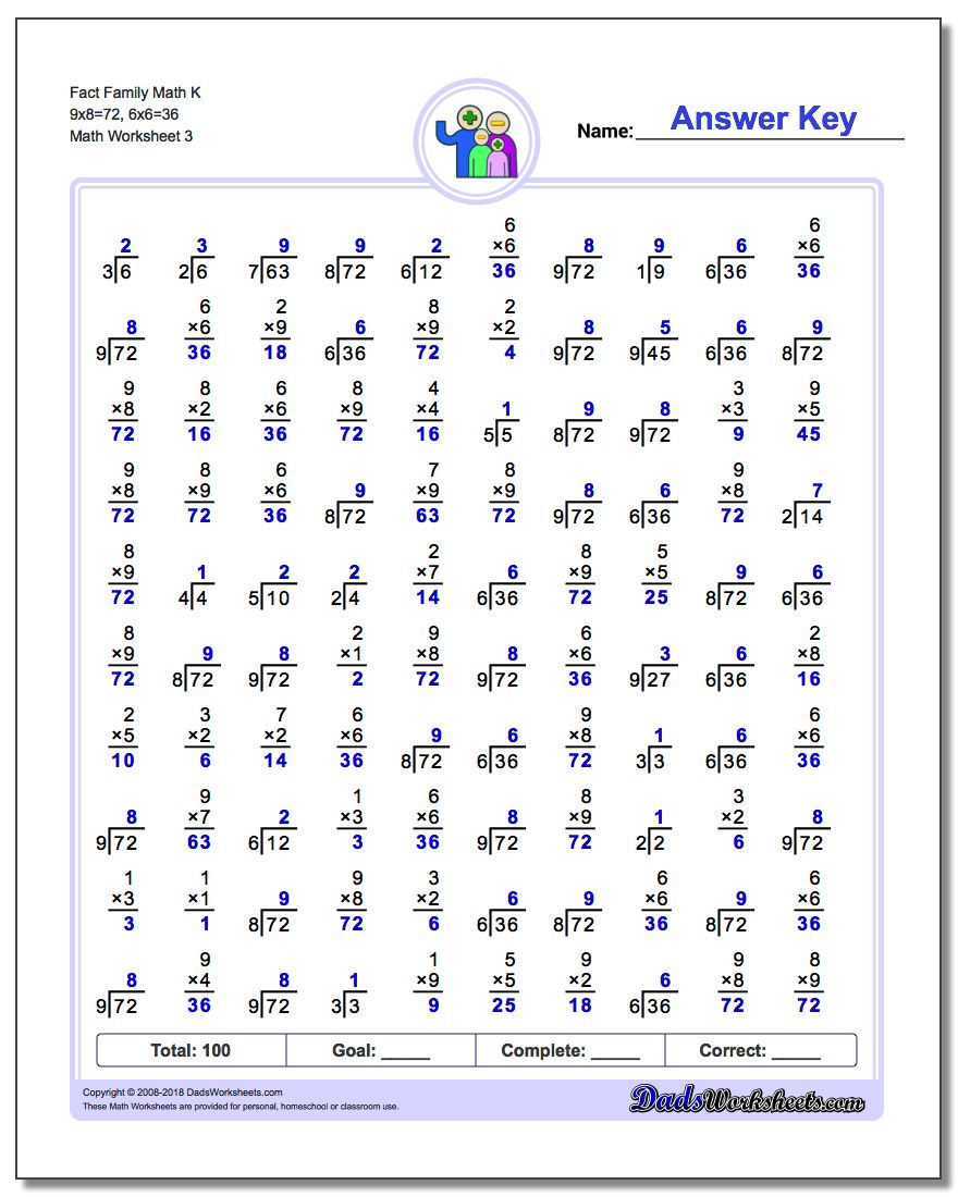 Fact Family Math K 9x8=72, 6x6=36 Worksheet