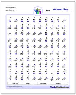 Fact Family Worksheet Math L 4x3=12, 7x7=49