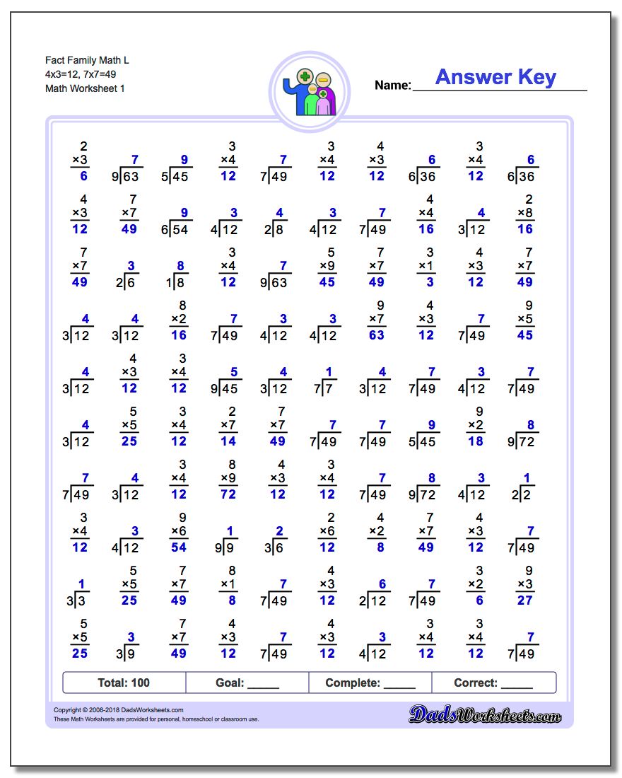 Fact Family Worksheet Math L 4x3=12, 7x7=49