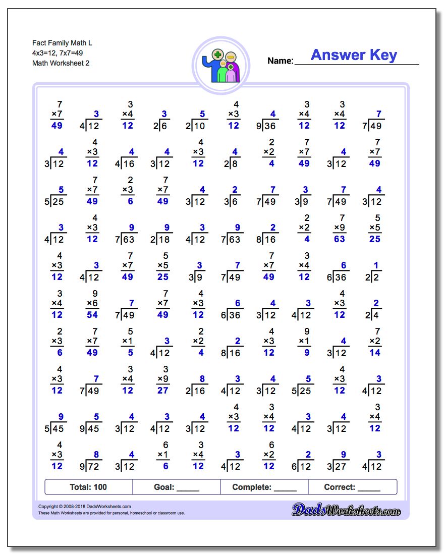 Fact Family Math L 4x3=12, 7x7=49 www.dadsworksheets.com/worksheets/fact-family-math.html Worksheet