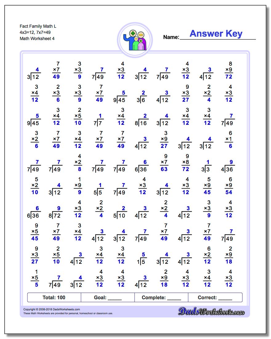 Fact Family Math L 4x3=12, 7x7=49 Worksheet