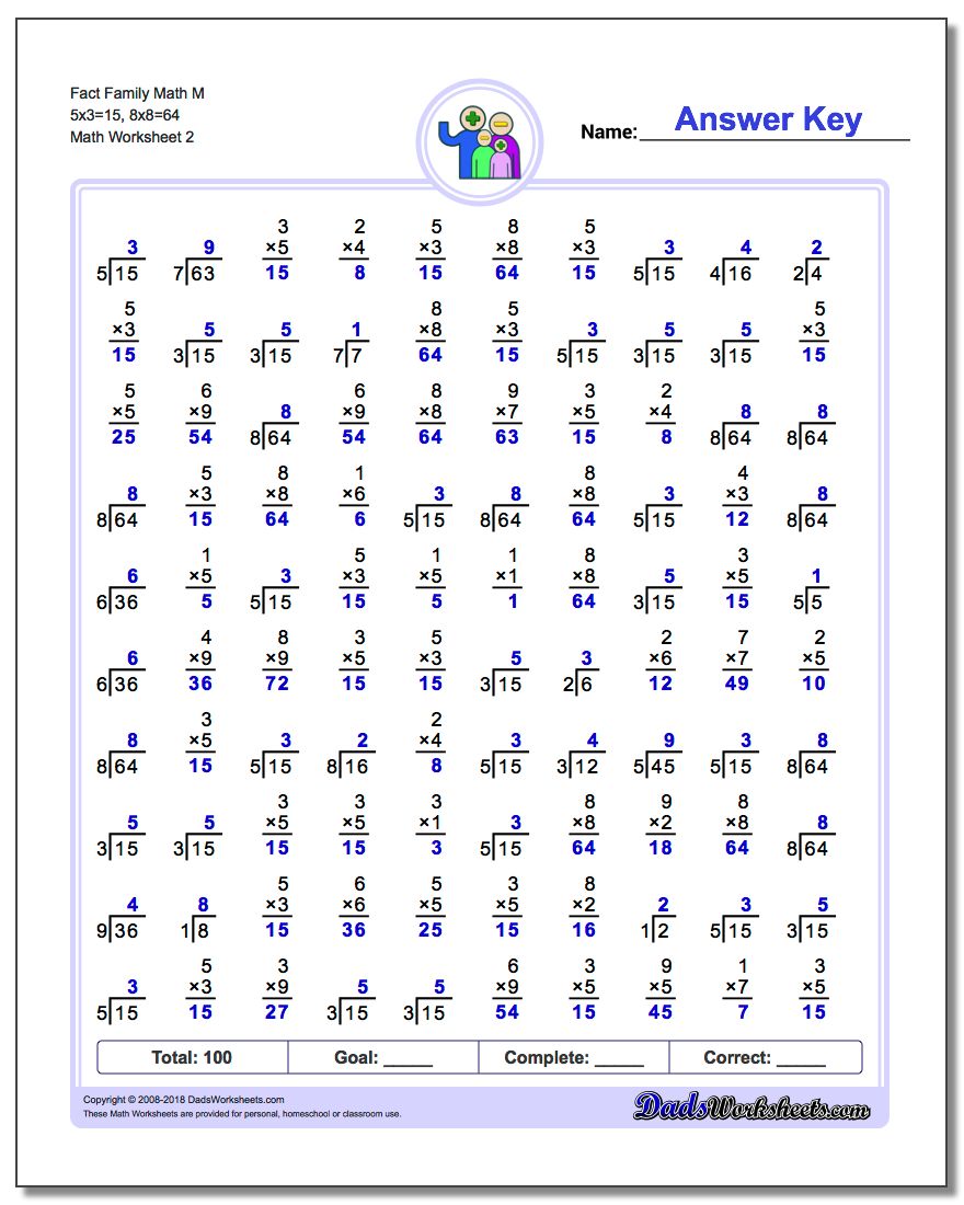 Fact Family Math M 5x3=15, 8x8=64 www.dadsworksheets.com/worksheets/fact-family-math.html Worksheet