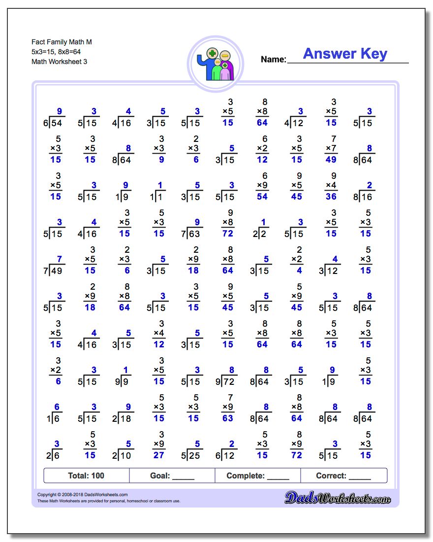 Fact Family Math M 5x3=15, 8x8=64 Worksheet