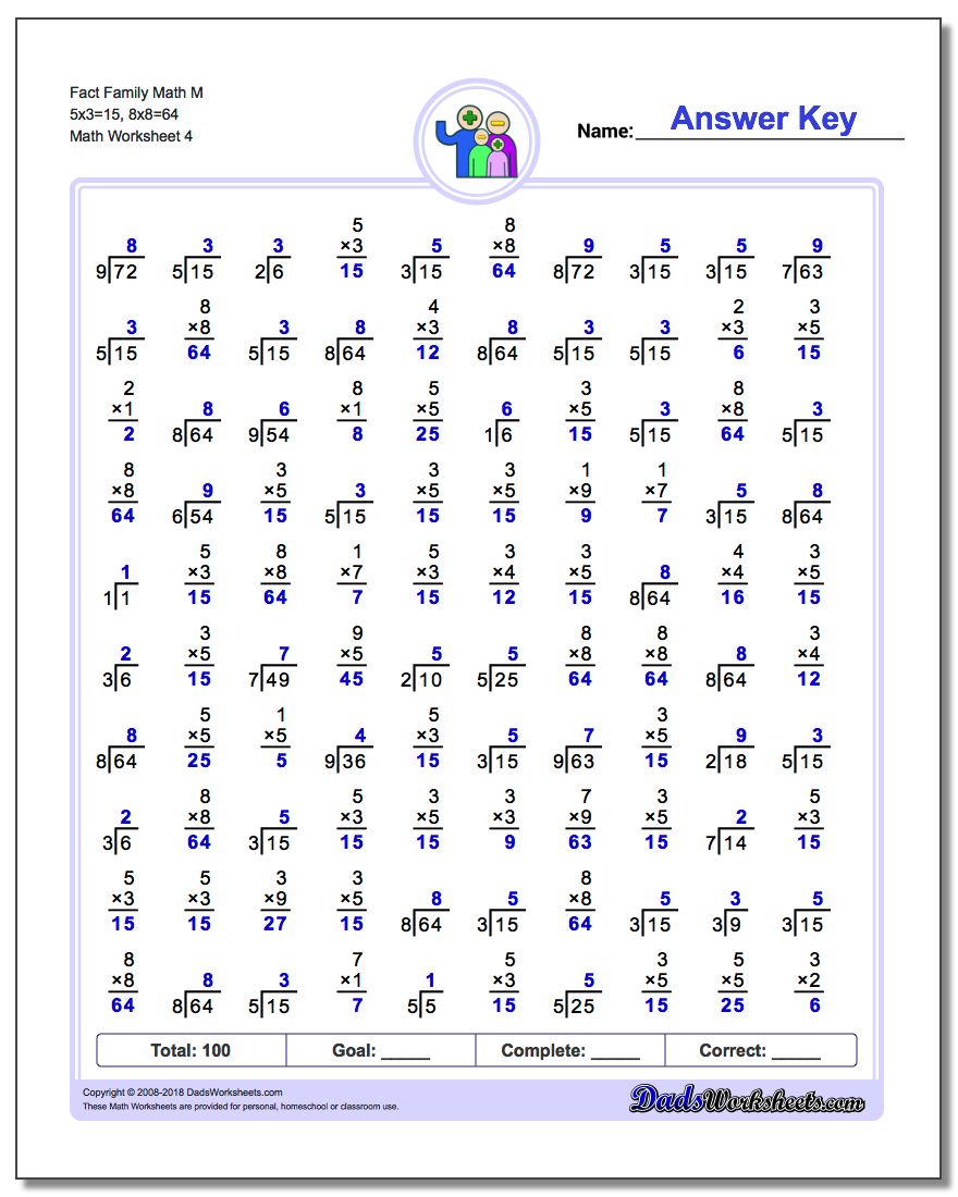 Fact Family Math M 5x3=15, 8x8=64 Worksheet