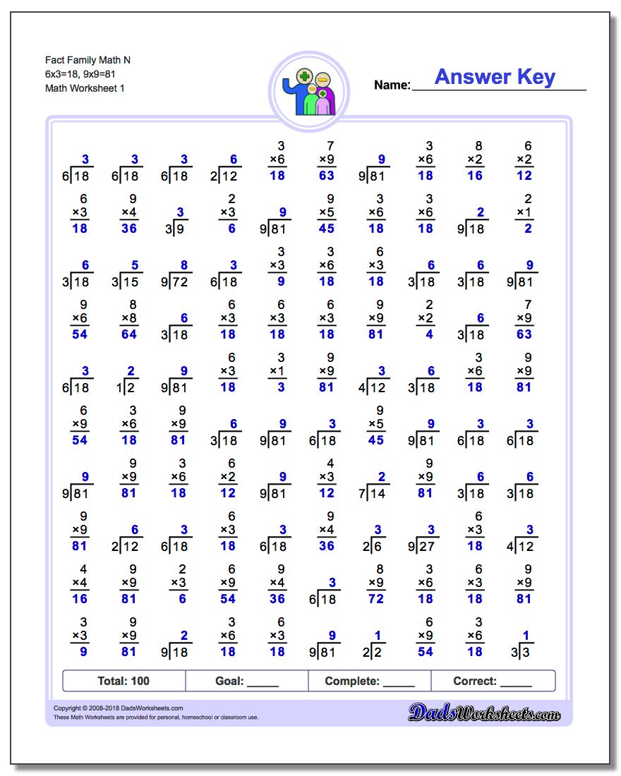 Fact Family Worksheet Math N 6x3=18, 9x9=81