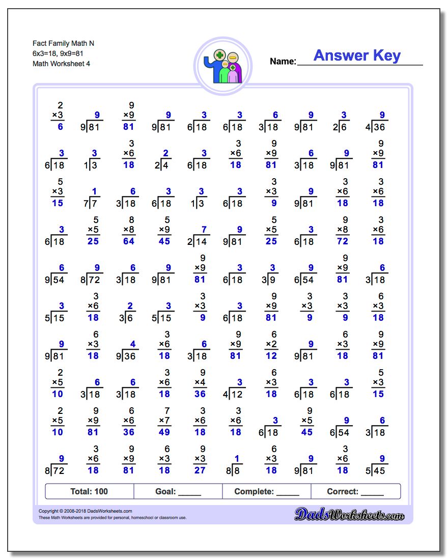 Fact Family Math N 6x3=18, 9x9=81 Worksheet