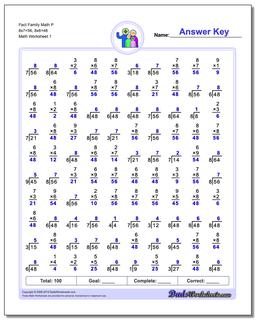 Fact Family Worksheet Math P 8x7=56, 8x6=48