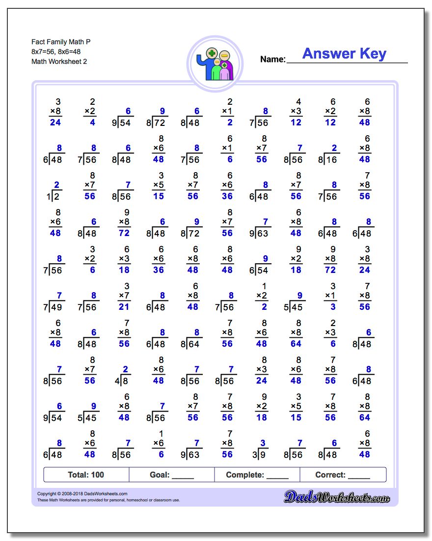 Fact Family Math P 8x7=56, 8x6=48 www.dadsworksheets.com/worksheets/fact-family-math.html Worksheet