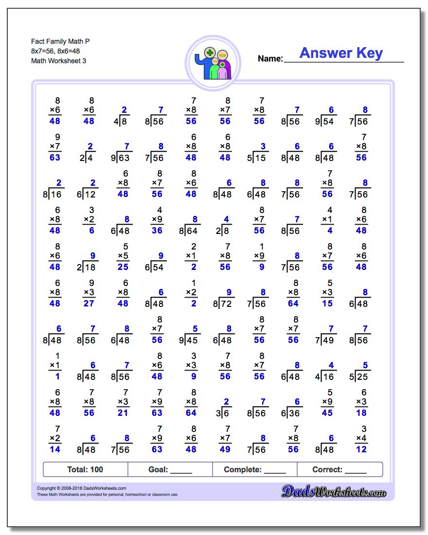 Fact Family Math P 8x7=56, 8x6=48 Worksheet