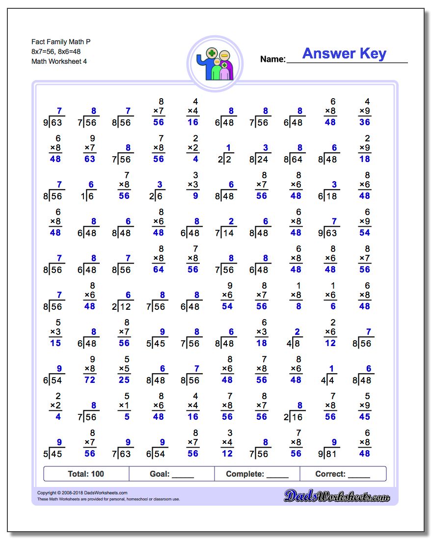 Fact Family Math P 8x7=56, 8x6=48 Worksheet