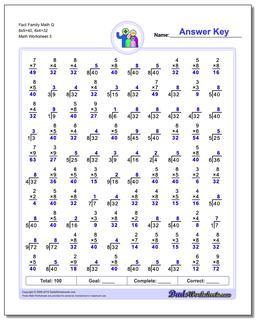 Fact Family Math Q 8x5=40, 8x4=32 Worksheet