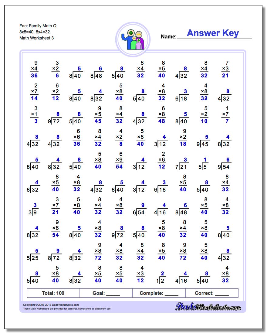 Fact Family Math Q 8x5=40, 8x4=32 Worksheet