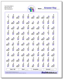 Fact Family Math Q 8x5=40, 8x4=32 Worksheet