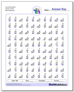 Fact Family Worksheet Math R 7x6=42, 7x5=35