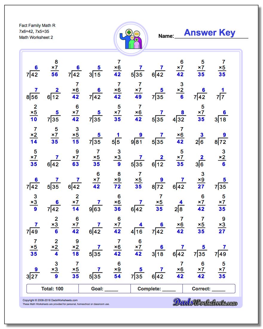 Fact Family Math R 7x6=42, 7x5=35 www.dadsworksheets.com/worksheets/fact-family-math.html Worksheet
