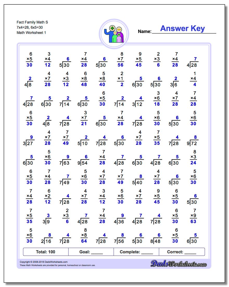 Fact Family Worksheet Math S 7x4=28, 6x5=30