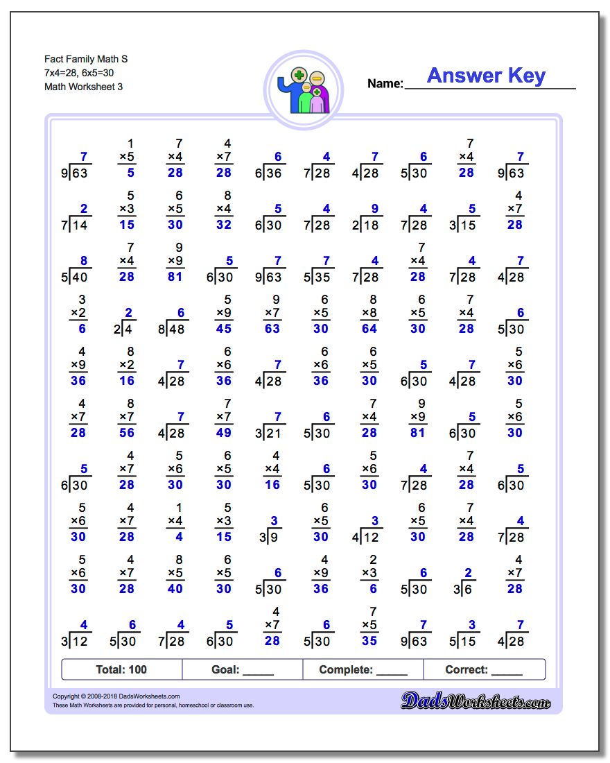Fact Family Math S 7x4=28, 6x5=30 Worksheet