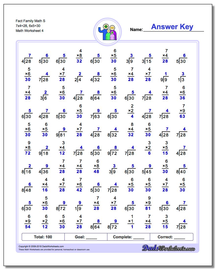Fact Family Math S 7x4=28, 6x5=30 Worksheet