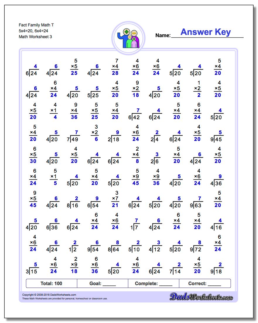 Fact Family Math T 5x4=20, 6x4=24 Worksheet