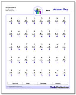 Fact Family Worksheet Math A 2+1=3, 3+1=4