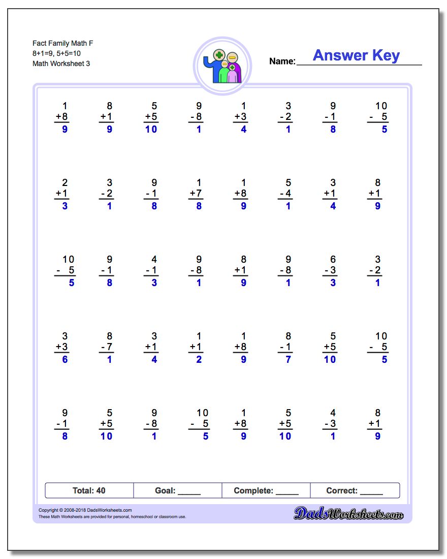 Fact Family Math F 8+1=9, 5+5=10 Worksheet