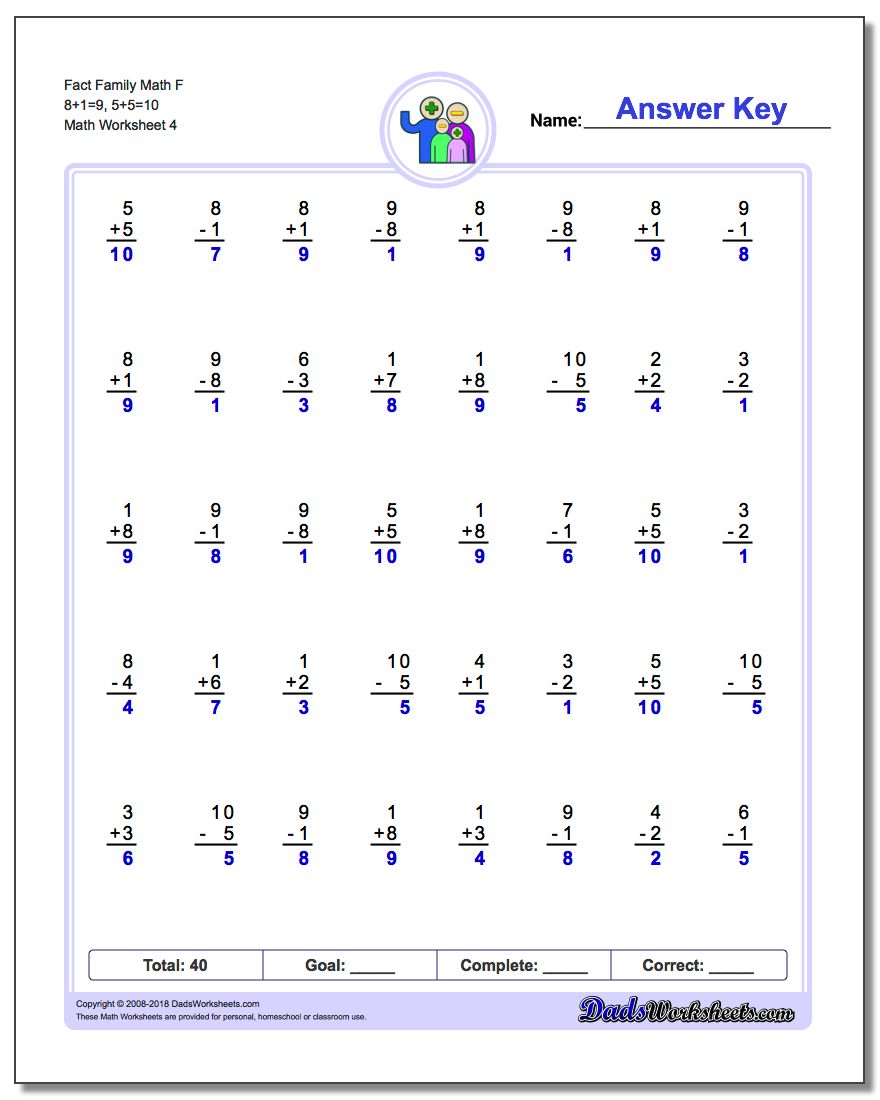 Fact Family Math F 8+1=9, 5+5=10 Worksheet