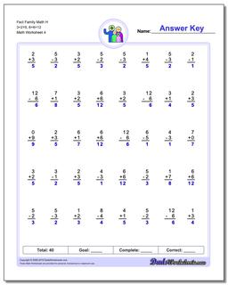 Fact Family Math H 3+2=5, 6+6=12 Worksheet