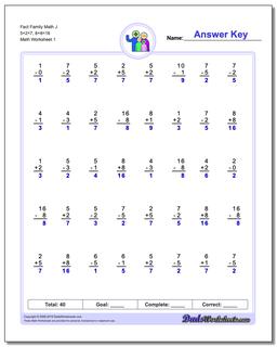 Fact Family Worksheet Math J 5+2=7, 8+8=16