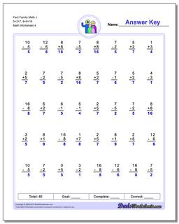 Fact Family Math J 5+2=7, 8+8=16 Worksheet