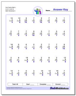 Fact Family Math J 5+2=7, 8+8=16 Worksheet