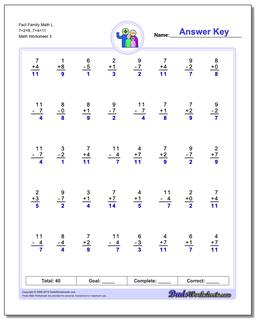 Fact Family Math L 7+2=9, 7+4=11 Worksheet