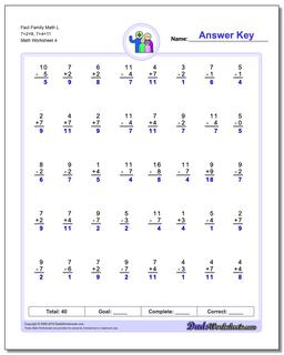 Fact Family Math L 7+2=9, 7+4=11 Worksheet