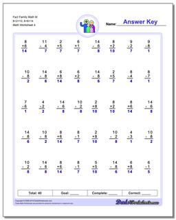 Fact Family Math M 8+2=10, 8+6=14 Worksheet