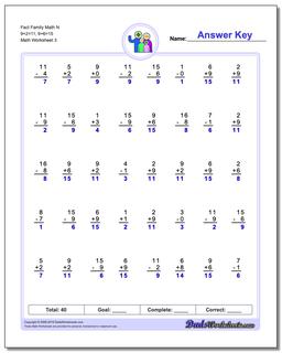 Fact Family Math N 9+2=11, 9+6=15 Worksheet