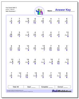 Fact Family Worksheet Math O 4+3=7, 7+6=13