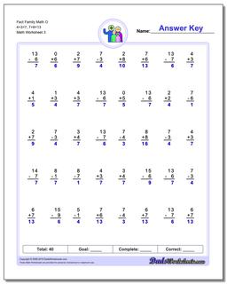 Fact Family Math O 4+3=7, 7+6=13 Worksheet