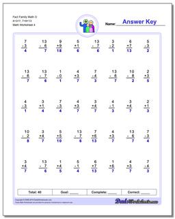 Fact Family Math O 4+3=7, 7+6=13 Worksheet