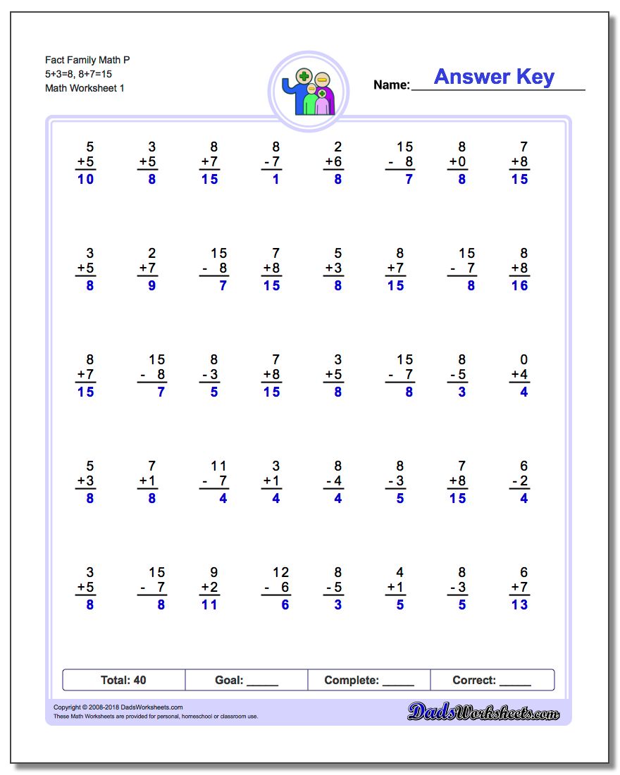 Fact Family Worksheet Math P 5+3=8, 8+7=15