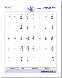 Fact Family Math P 5+3=8, 8+7=15 Worksheet