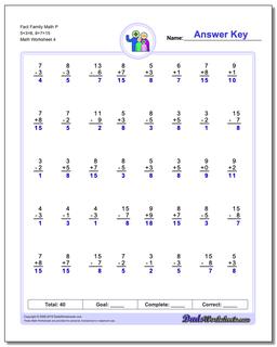 Fact Family Math P 5+3=8, 8+7=15 Worksheet