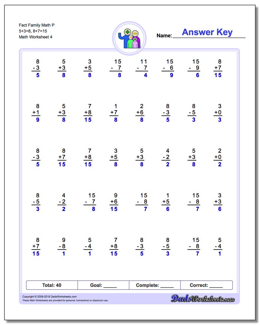 Fact Family Math P 5+3=8, 8+7=15 Worksheet